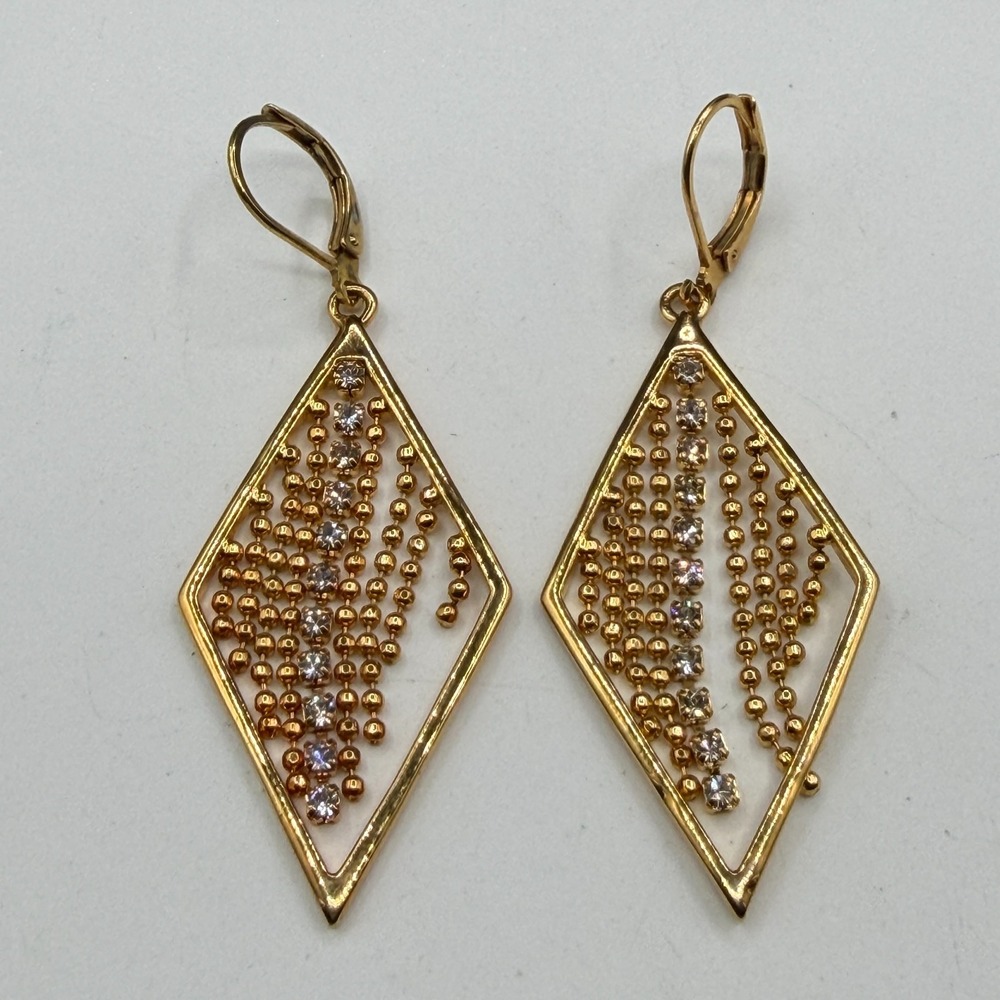 Gold Tone Rhinestone Diamond Shape Dangle Earrings Beaded Fringe Statement Party